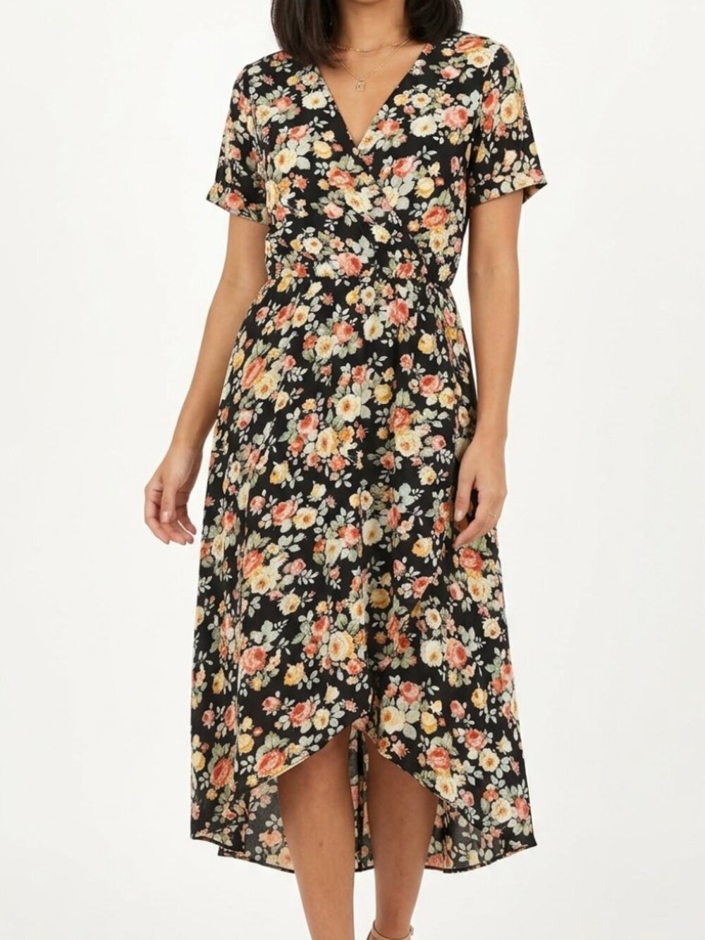 Black Floral Wrap-Style Midi Dress with Cream & Pink Blooms